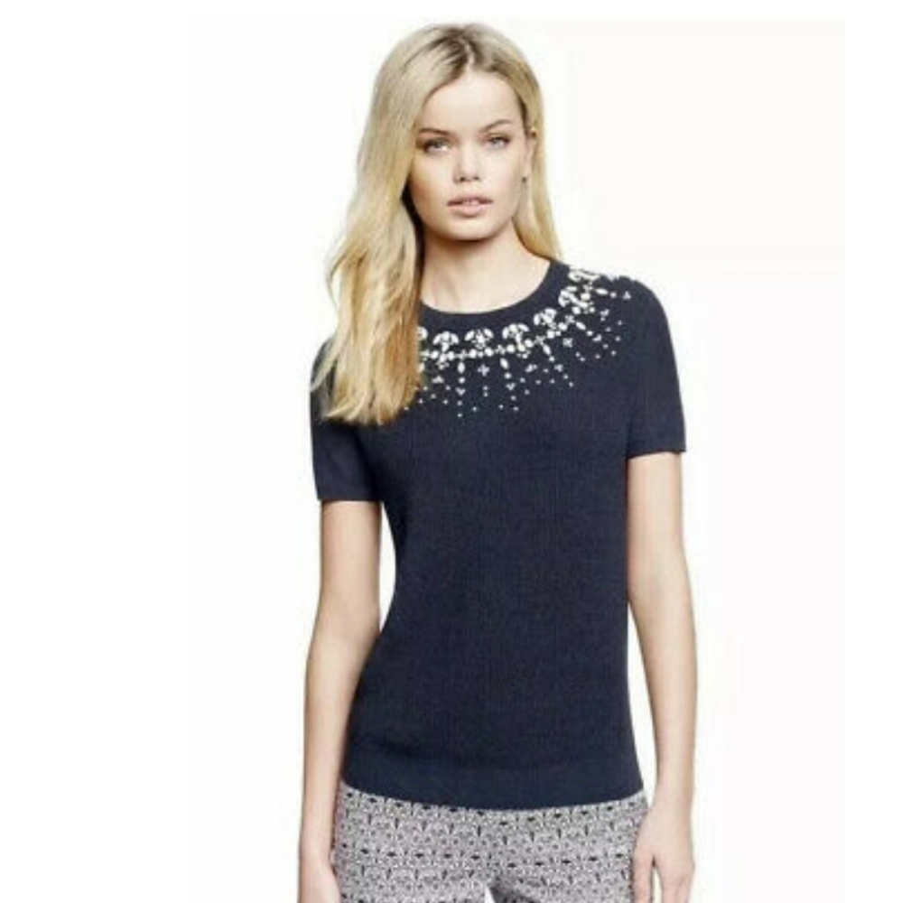 Tory Burch Pierce Short Sleeve Sweater Navy Blue Embellished Gems Beads Size XS